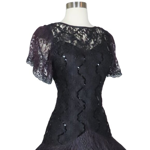 Vintage 80s 20s Black Lace Prom Party Dress M Medium Goth Witchy Whimsygoth - Picture 10 of 12